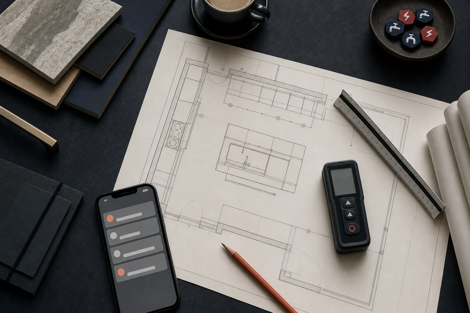 Plan de cuisine, échantillons et outils de mesure réunis sur une table de coordination