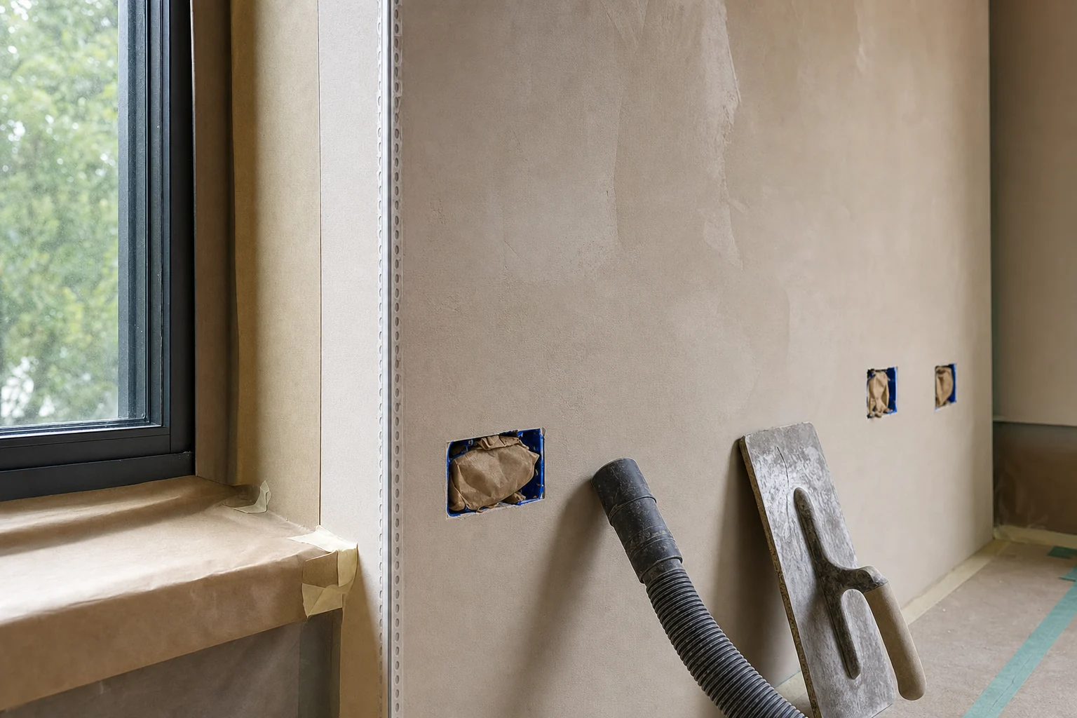 Mur enduit et préparé avant l’installation de la cuisine
