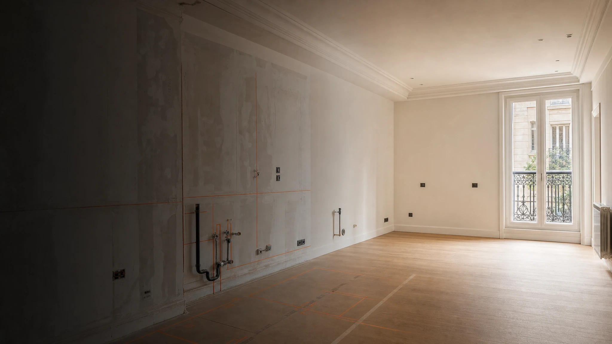 Pièce montrant la transition du chantier technique à un espace prêt pour la pose